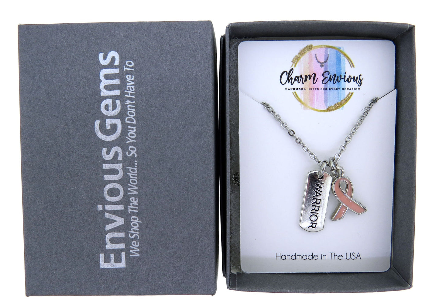 Breast Cancer Awareness Pink Enamel Ribbon Warrior Pendant Necklace Breast Cancer Jewelry Stainless-Steel 16" or 18" Cable Chain