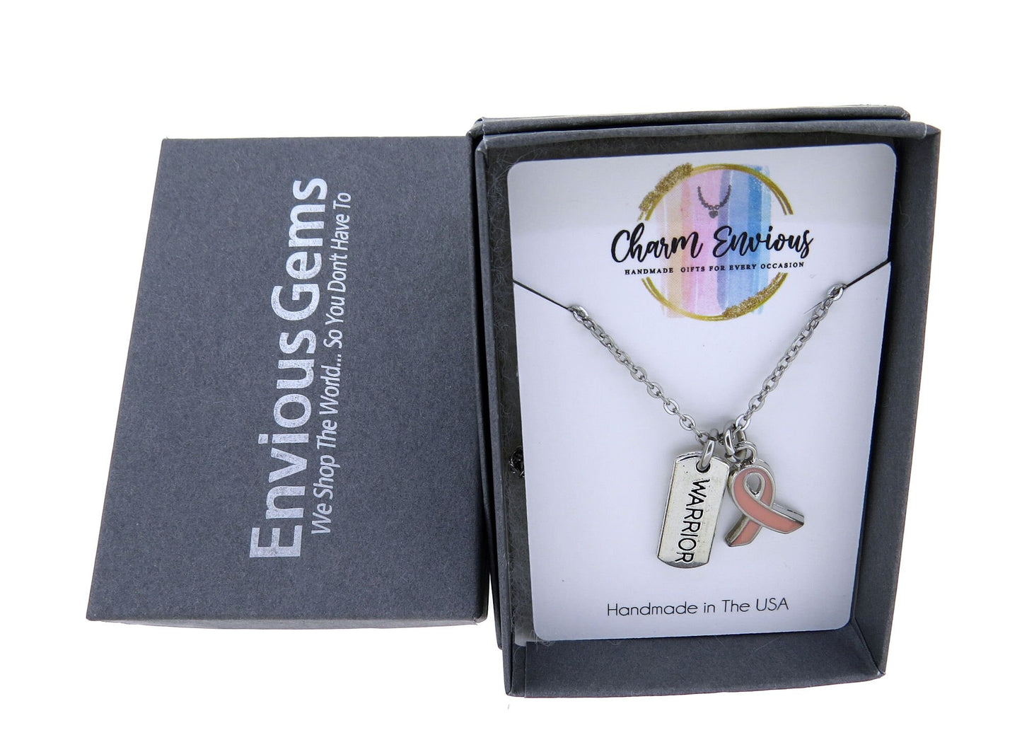 Breast Cancer Awareness Pink Enamel Ribbon Warrior Pendant Necklace Breast Cancer Jewelry Stainless-Steel 16" or 18" Cable Chain