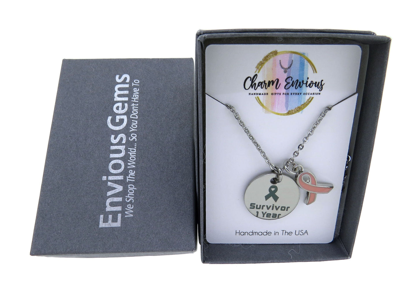 Cancer Survivor Year Breast Cancer Awareness with Pink Enamel Ribbon Pendant Necklace Stainless-Steel Cable Chain (1, 2, 3, 4, 5 & 10 Year)