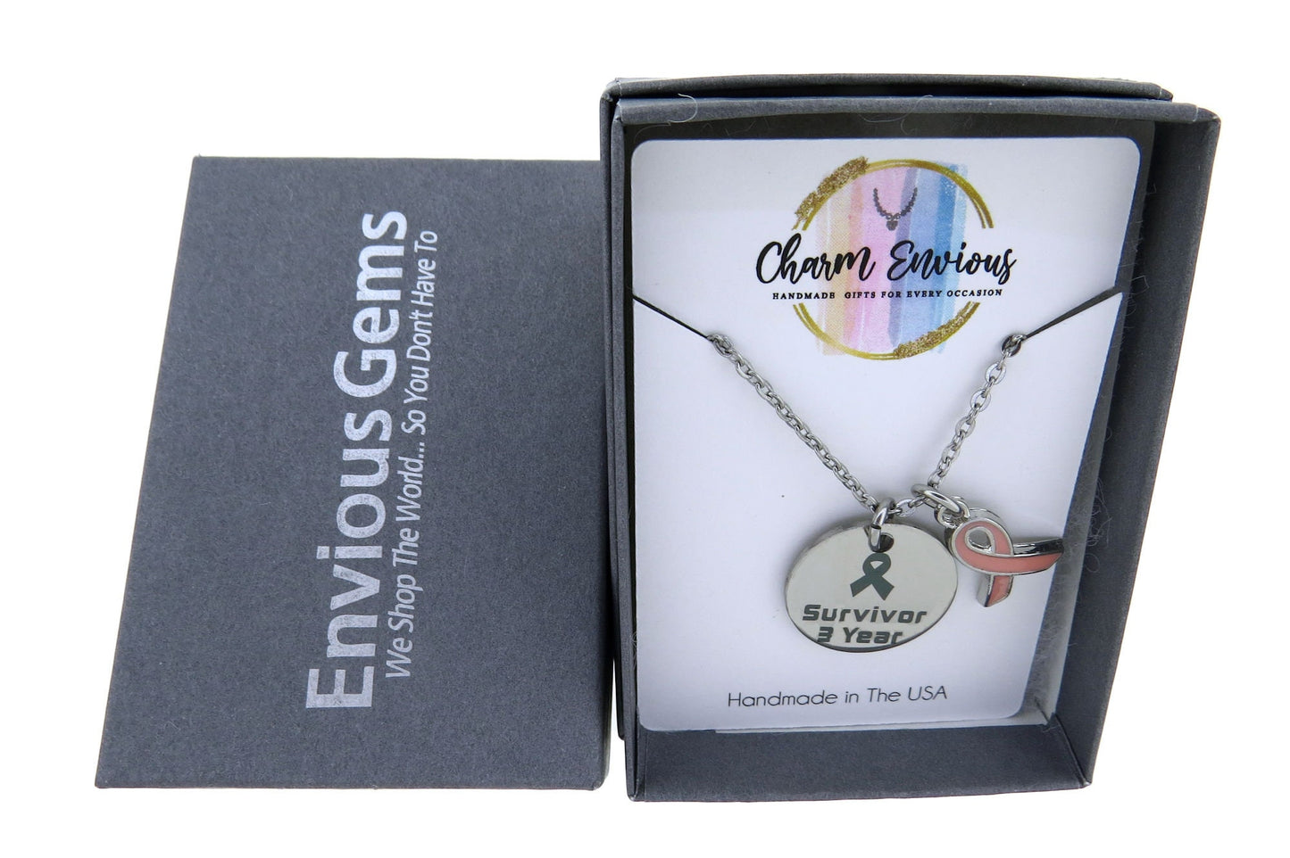 Cancer Survivor Year Breast Cancer Awareness with Pink Enamel Ribbon Pendant Necklace Stainless-Steel Cable Chain (1, 2, 3, 4, 5 & 10 Year)