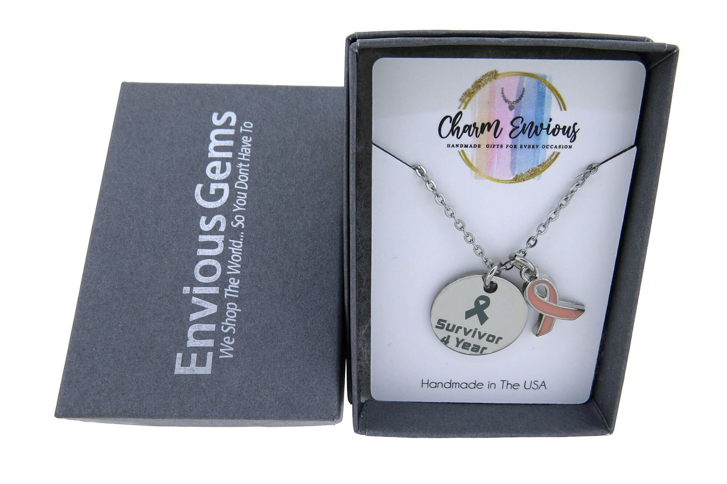 Cancer Survivor Year Breast Cancer Awareness with Pink Enamel Ribbon Pendant Necklace Stainless-Steel Cable Chain (1, 2, 3, 4, 5 & 10 Year)