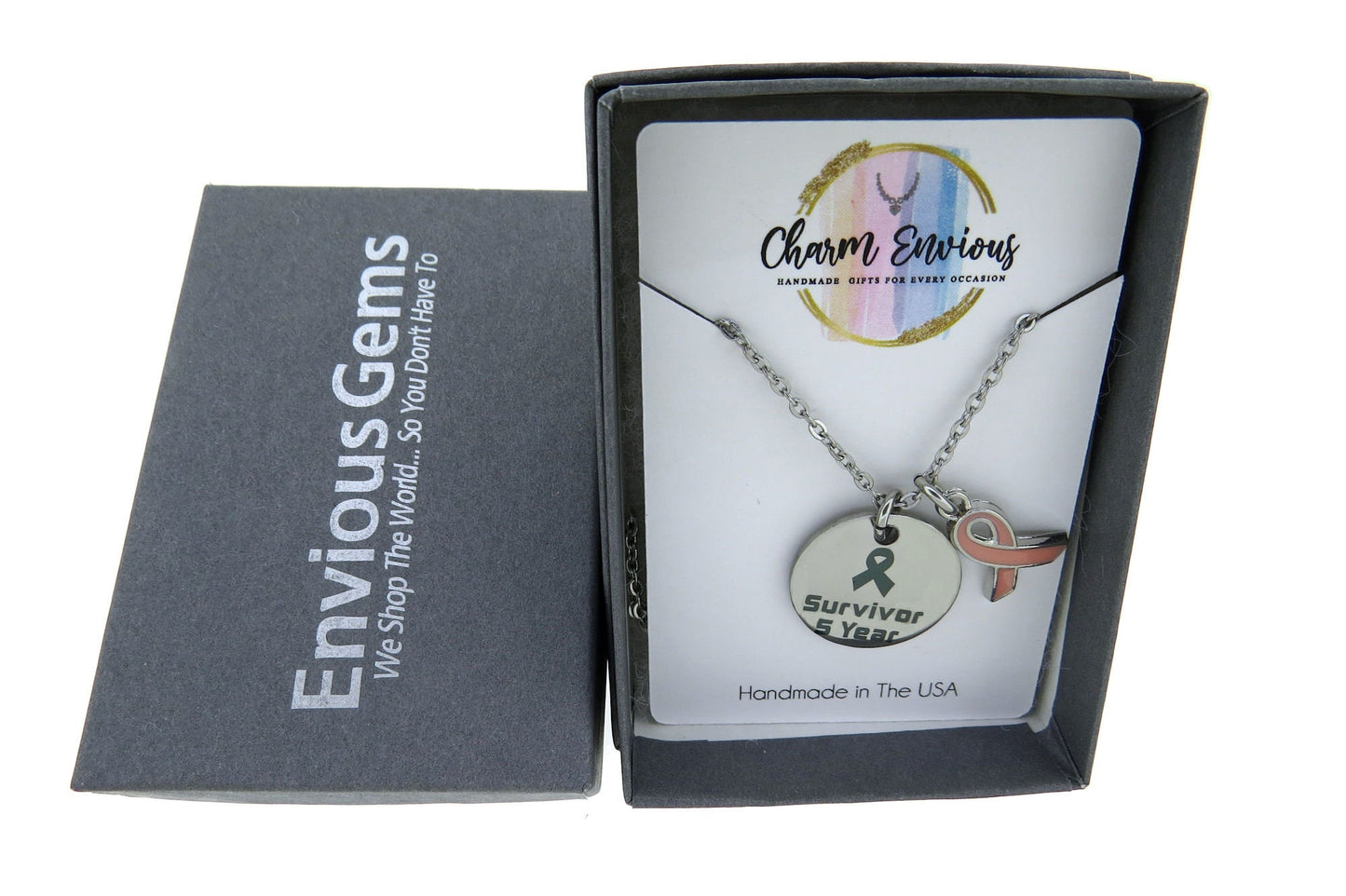 Cancer Survivor Year Breast Cancer Awareness with Pink Enamel Ribbon Pendant Necklace Stainless-Steel Cable Chain (1, 2, 3, 4, 5 & 10 Year)