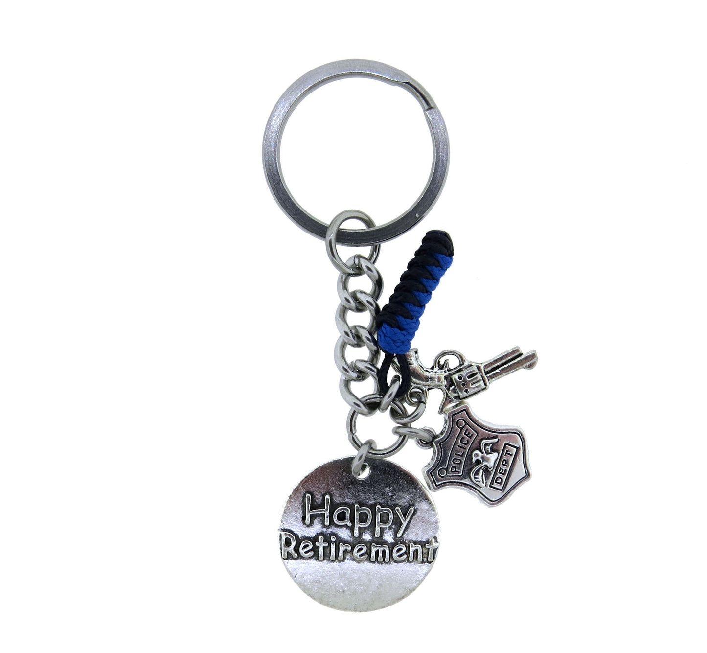 Police Officer Happy Retirement Keychain, Police Department Stainless Steel Keychain Police shield Gun Thin Blue Line Key Ring Gift