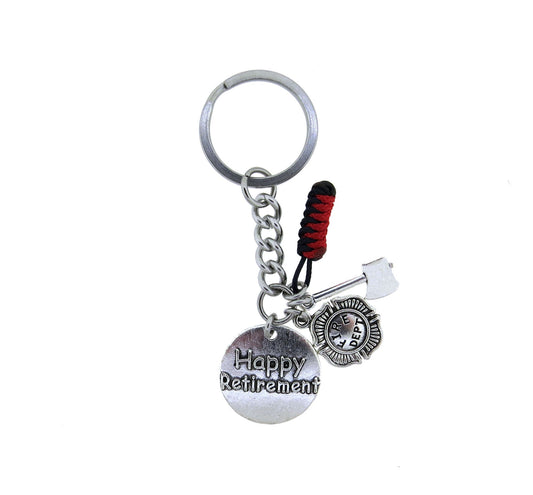 Firemen Firefighter Happy Retirement Keychain, Fire Department Stainless Steel Keychain Firemen shield Axe Thin Red Line Key Ring Gift