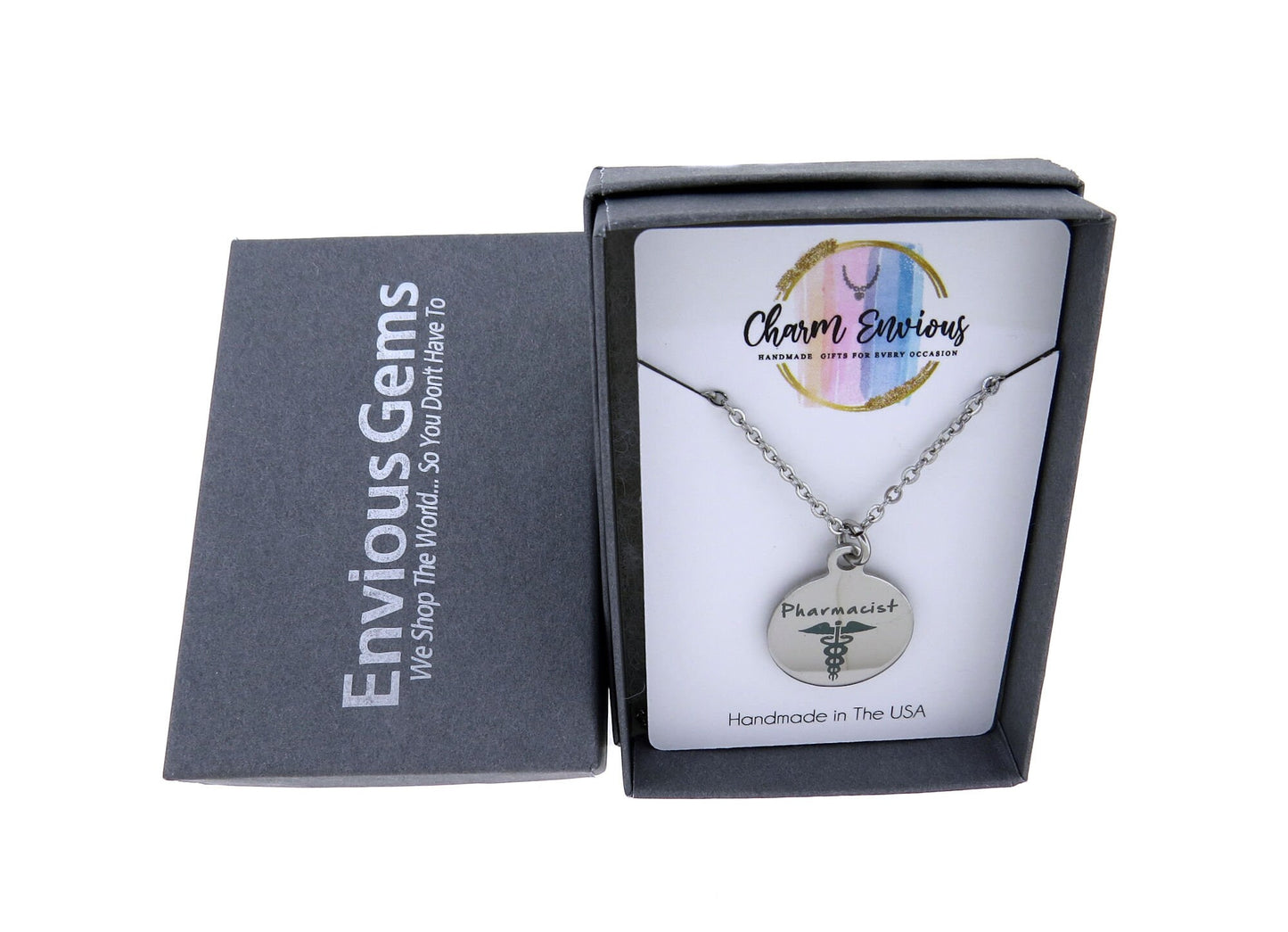 Pharmacist Pendant Necklace Stainless Steel Charm on a Stainless-Steel Cable Chain Gift for Pharmacist (choose 16" or 18" Chain)