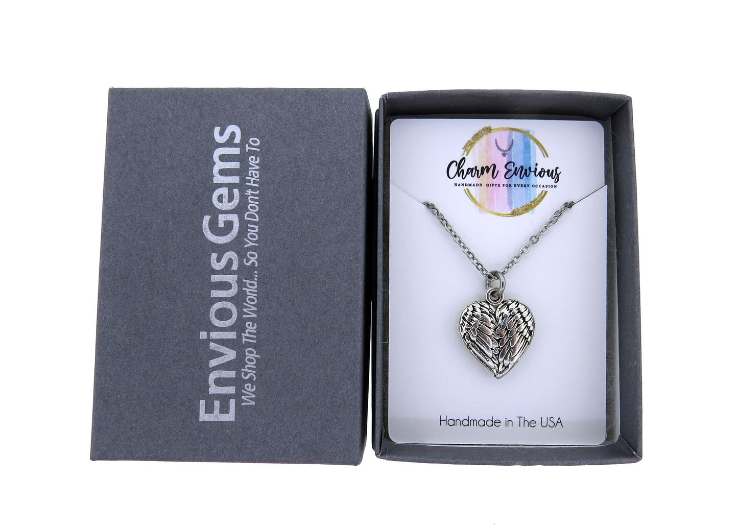 Angel Wings Puffed Heart Pendant Necklace Stainless-Steel Cable Chain (choose 16" or 18" Chain)