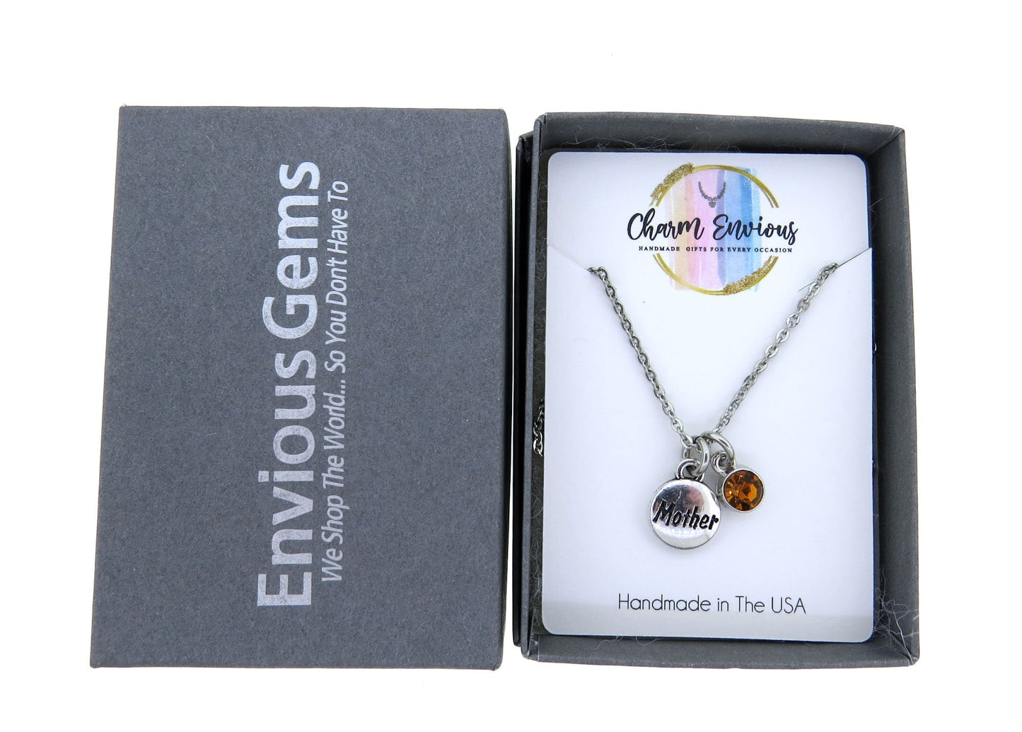 Tiny Mother Charm with Birthstone Pendant Necklace Stainless-Steel 16" or 18" Cable Chain