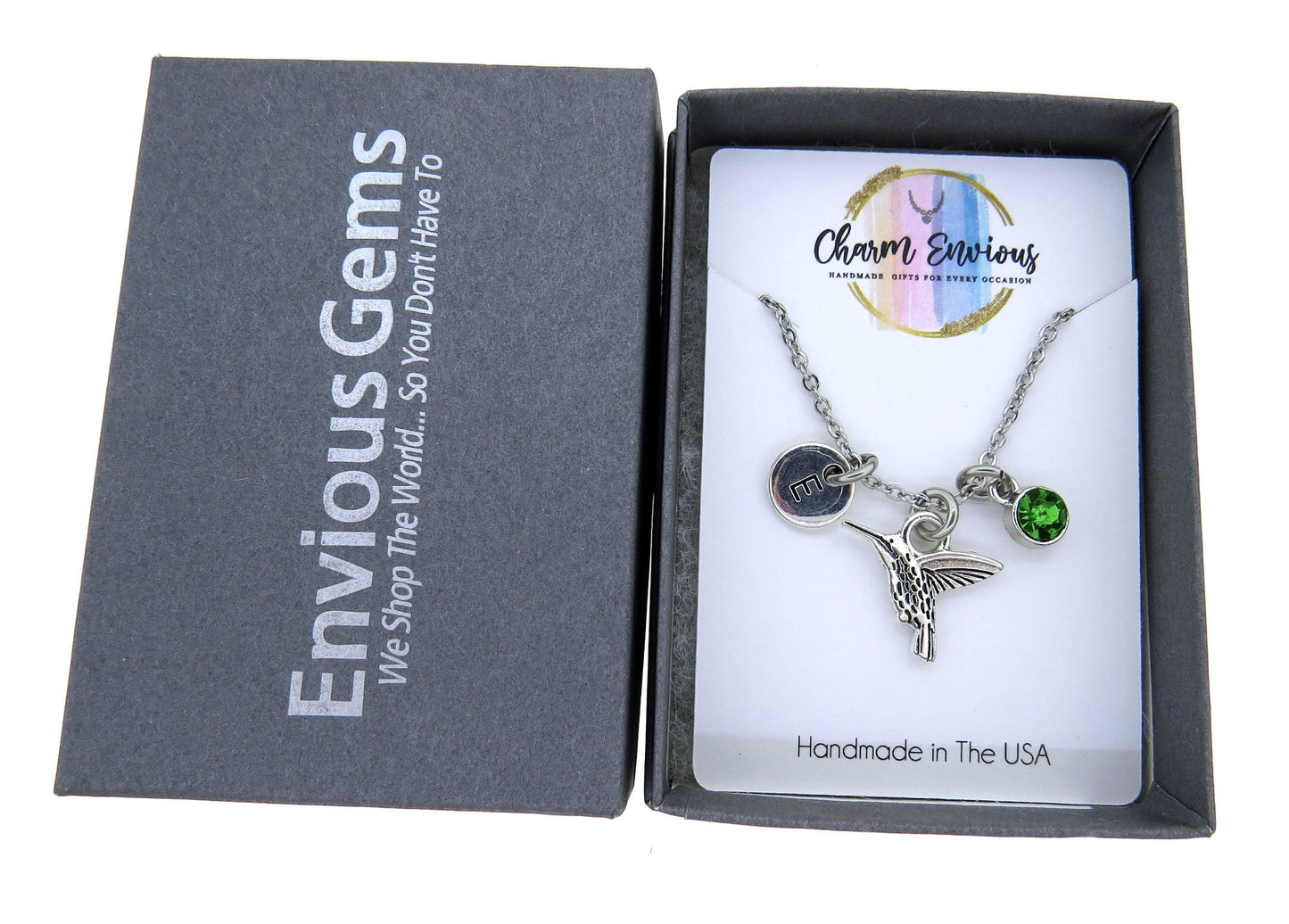 Hummingbird initial Birthstone Pendant Necklace hummingbird jewelry on a Stainless-Steel Cable Chain Bird Watchers Gift