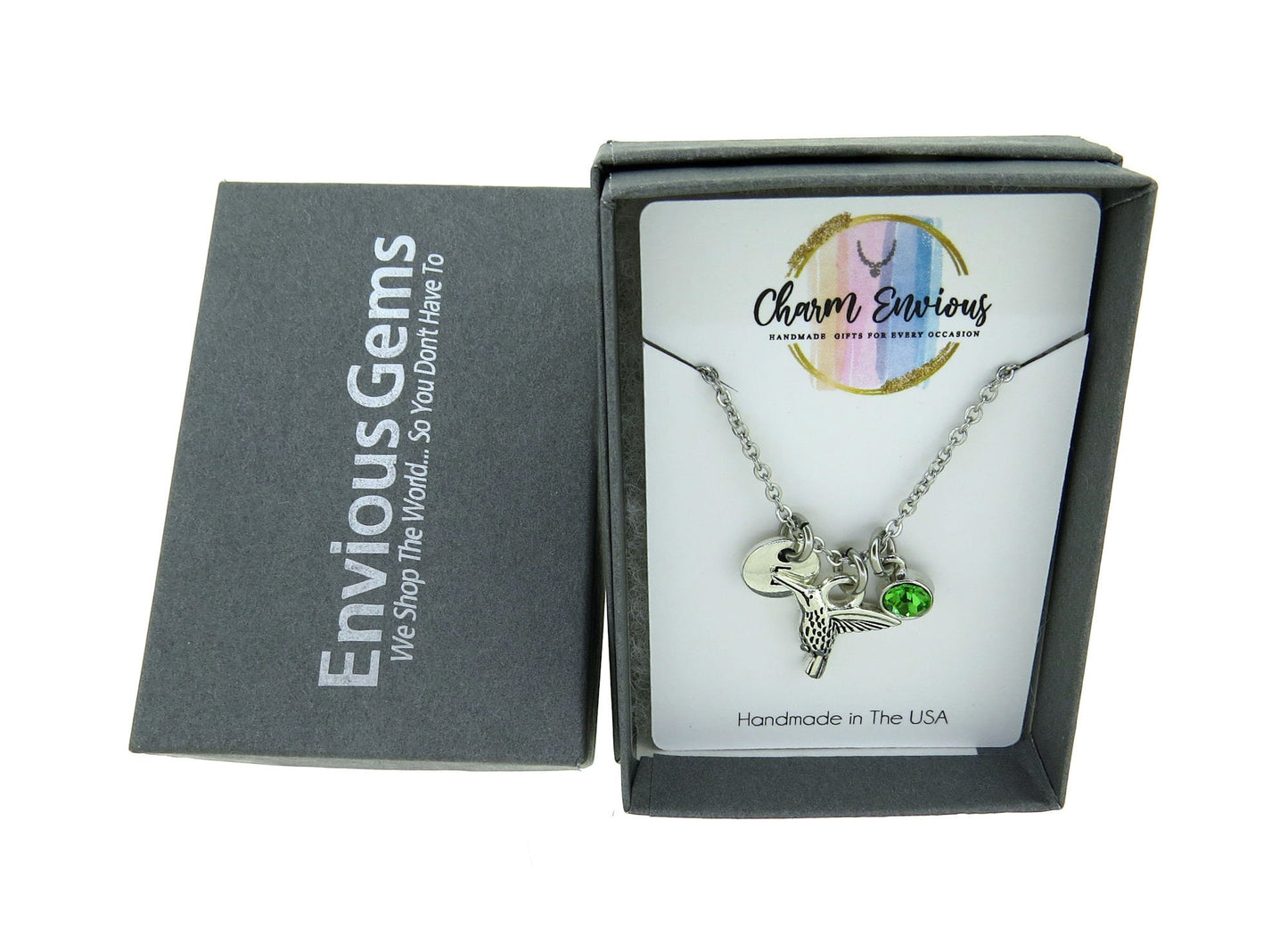 Hummingbird initial Birthstone Pendant Necklace hummingbird jewelry on a Stainless-Steel Cable Chain Bird Watchers Gift