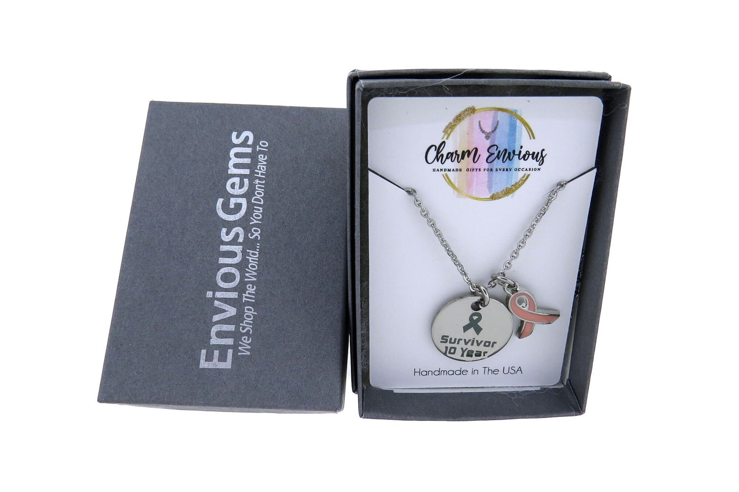 Cancer Survivor Year Breast Cancer Awareness with Pink Enamel Ribbon Pendant Necklace Stainless-Steel Cable Chain (1, 2, 3, 4, 5 & 10 Year)