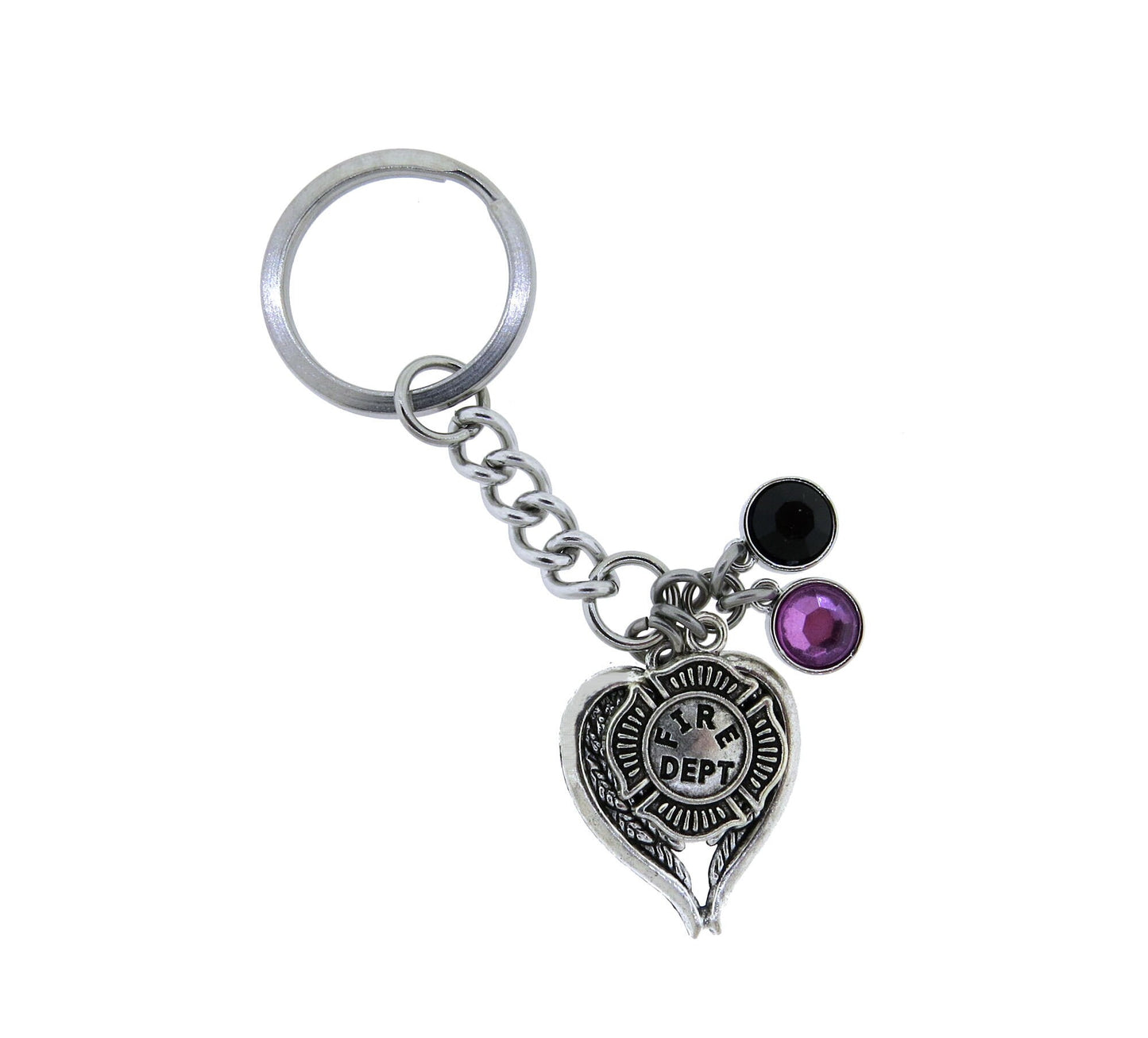 Firefighter memorial Key Ring, Heart with Angel Wings Purple and Black Crystal Mourning Bunting Colors Stainless Steel Keychain Fallen Hero