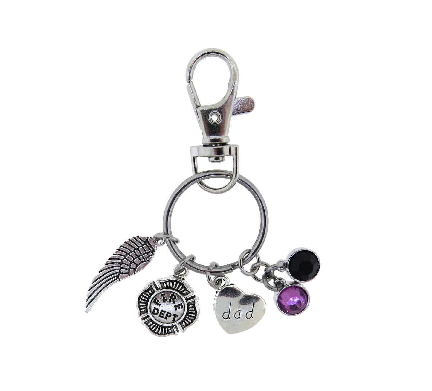 Firefighter memorial Key Ring, Fallen Firefighter (Dad) with Purple and Black Crystal Mourning Bunting Colors Stainless Steel Keychain Gift