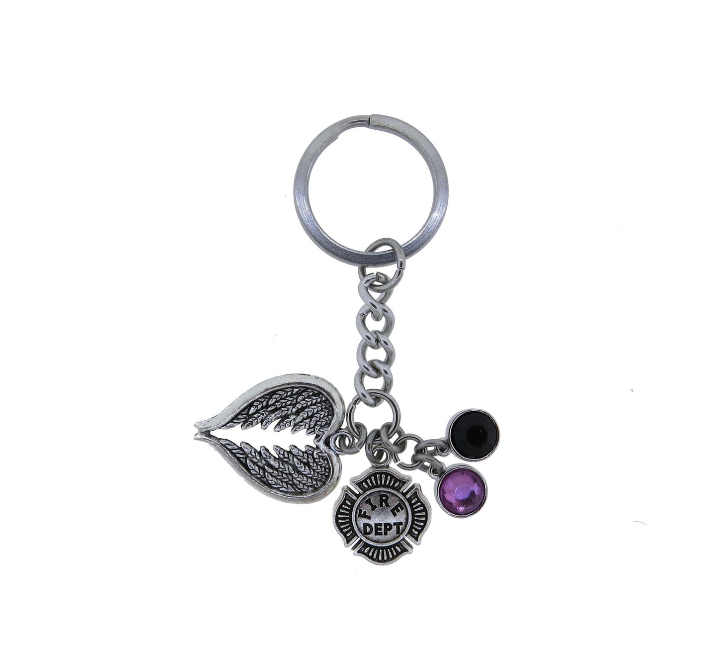 Firefighter memorial Key Ring, Heart with Angel Wings Purple and Black Crystal Mourning Bunting Colors Stainless Steel Keychain Fallen Hero