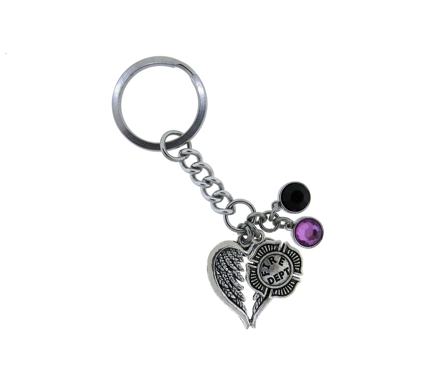 Firefighter memorial Key Ring, Heart with Angel Wings Purple and Black Crystal Mourning Bunting Colors Stainless Steel Keychain Fallen Hero