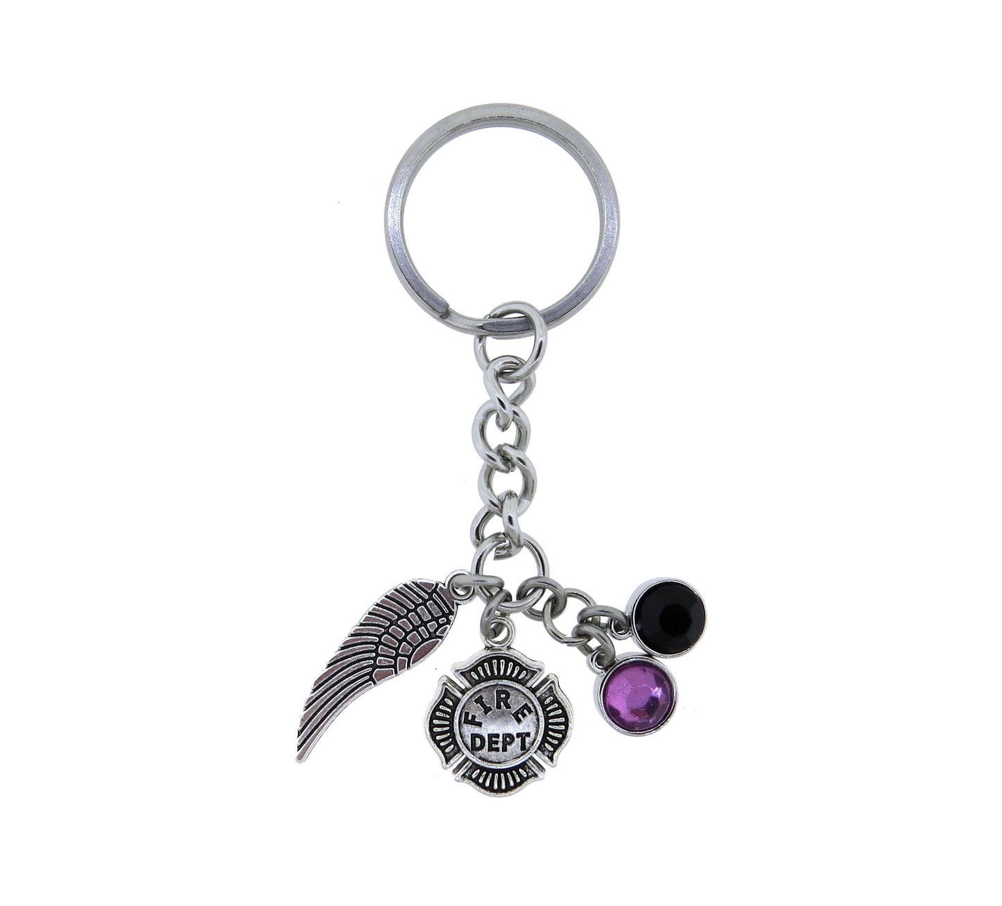 Firefighter memorial Keychain, Angel Wing with Purple and Black Crystal Mourning Bunting Colors Stainless Steel Keychain Fallen Hero