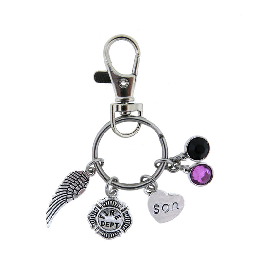 Firefighter memorial Key Ring, Fallen Firefighter (Son) with Purple and Black Crystal Mourning Bunting Colors Stainless Steel Keychain