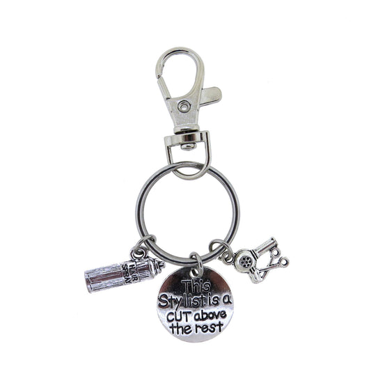 Hairdresser Salon Keychain " This Stylist is a Cut Above the Rest " Stainless Steel Key Ring Hair Spray Charm Swivel Clasp Zipper Pull