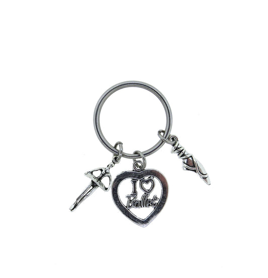 I Love Ballet 3-D Ballerina Charm Stainless Steel Keychain 3-D Ballet Slippers Key Ring with swivel clasp Zipper Pull Gift