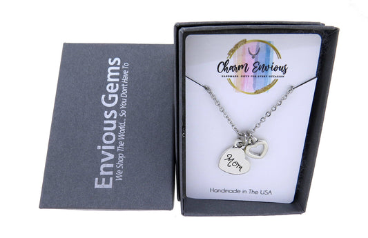 Heart Shaped Double Sided Mom Charm with Open Heart Charm Pendant Necklace Stainless-Steel 16" or 18" Cable Chain