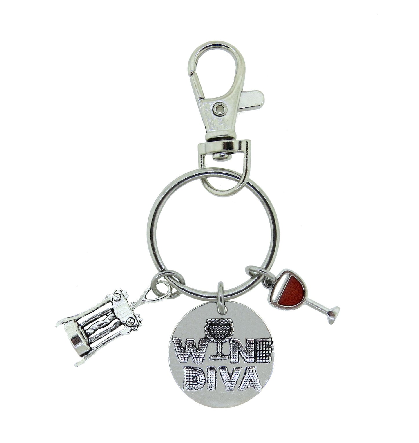 Wine Diva Wine Lovers Gift Stainless Steel Keychain Bachelorette Party Favors or Keyring with Swivel Clasp Zipper Pull Gift (3 styles)