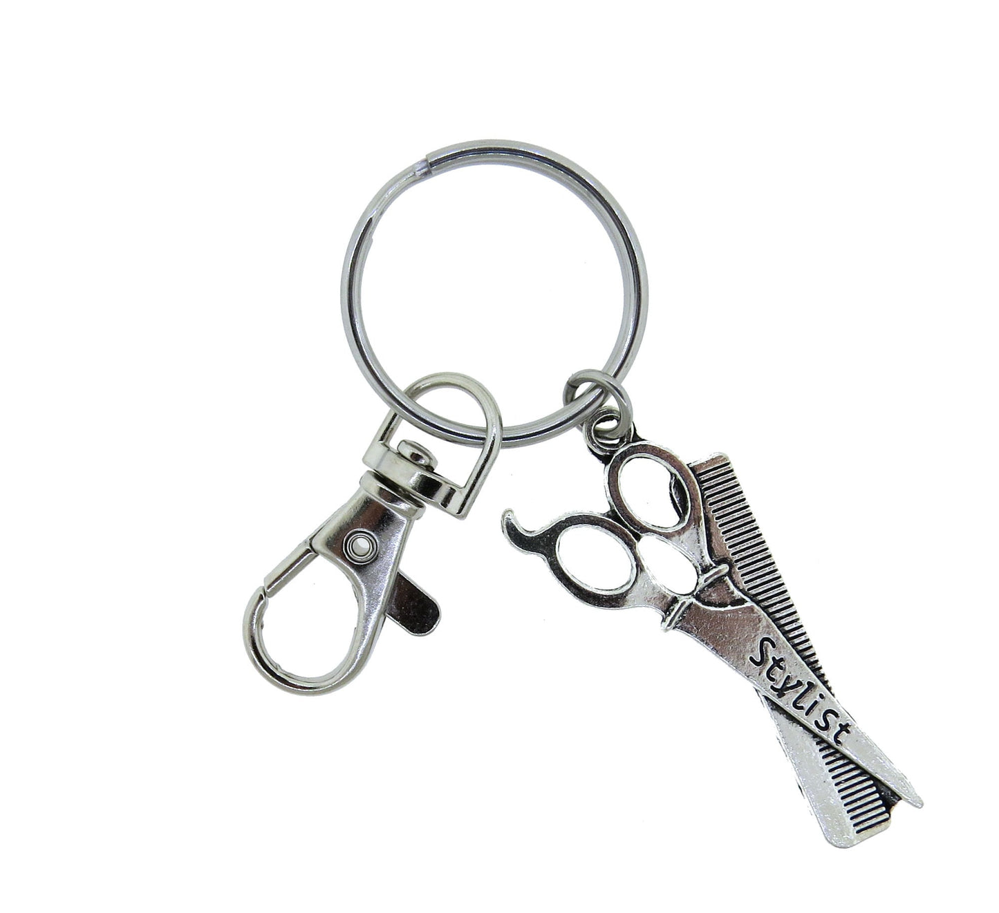 Stylist Hairdresser Scissors Comb Large Charm Stainless Steel Hair Stylist Keychain or Swivel Clasp Key Ring Zipper Pull Gift