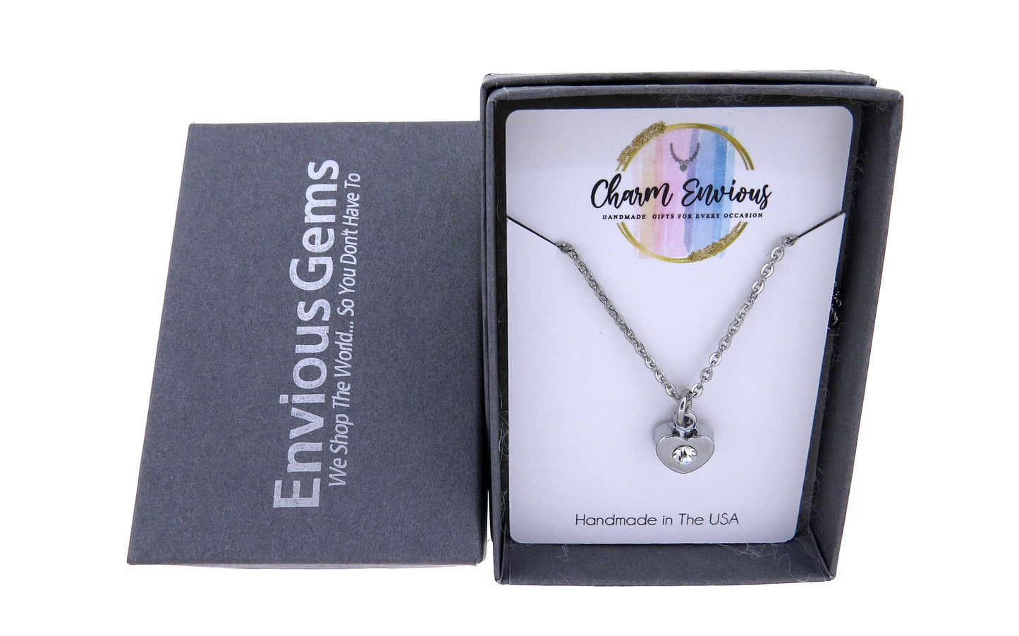 3-D Heart Charm with Clear Crystal Stone Stainless Steel Pendant Necklace Love Pendant on a Stainless-Steel 16" or 18" Cable Chain