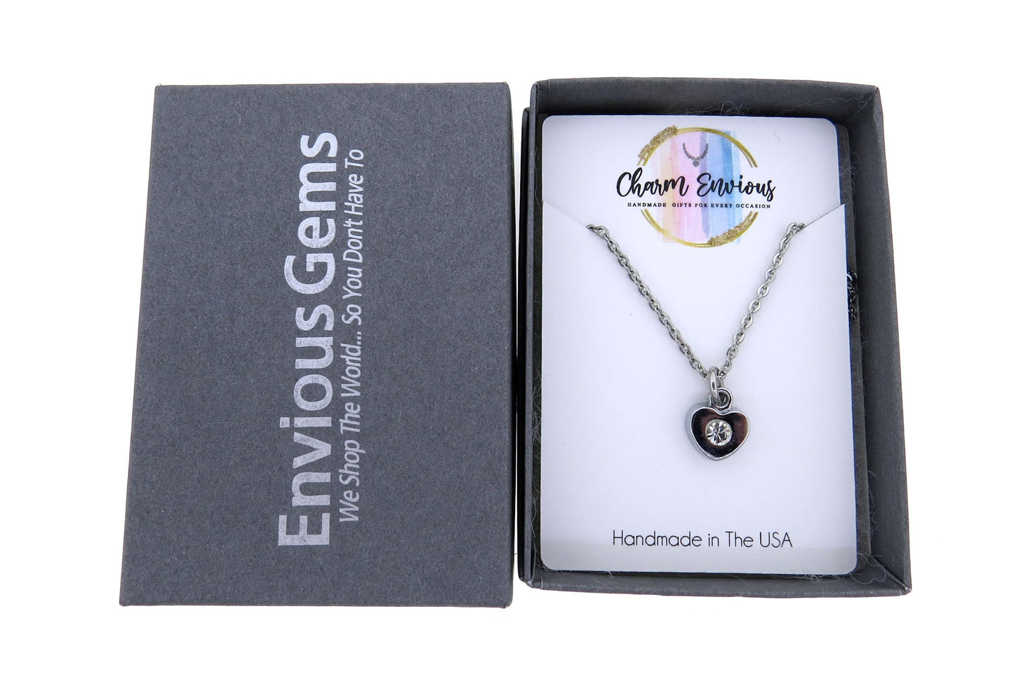 3-D Heart Charm with Clear Crystal Stone Stainless Steel Pendant Necklace Love Pendant on a Stainless-Steel 16" or 18" Cable Chain