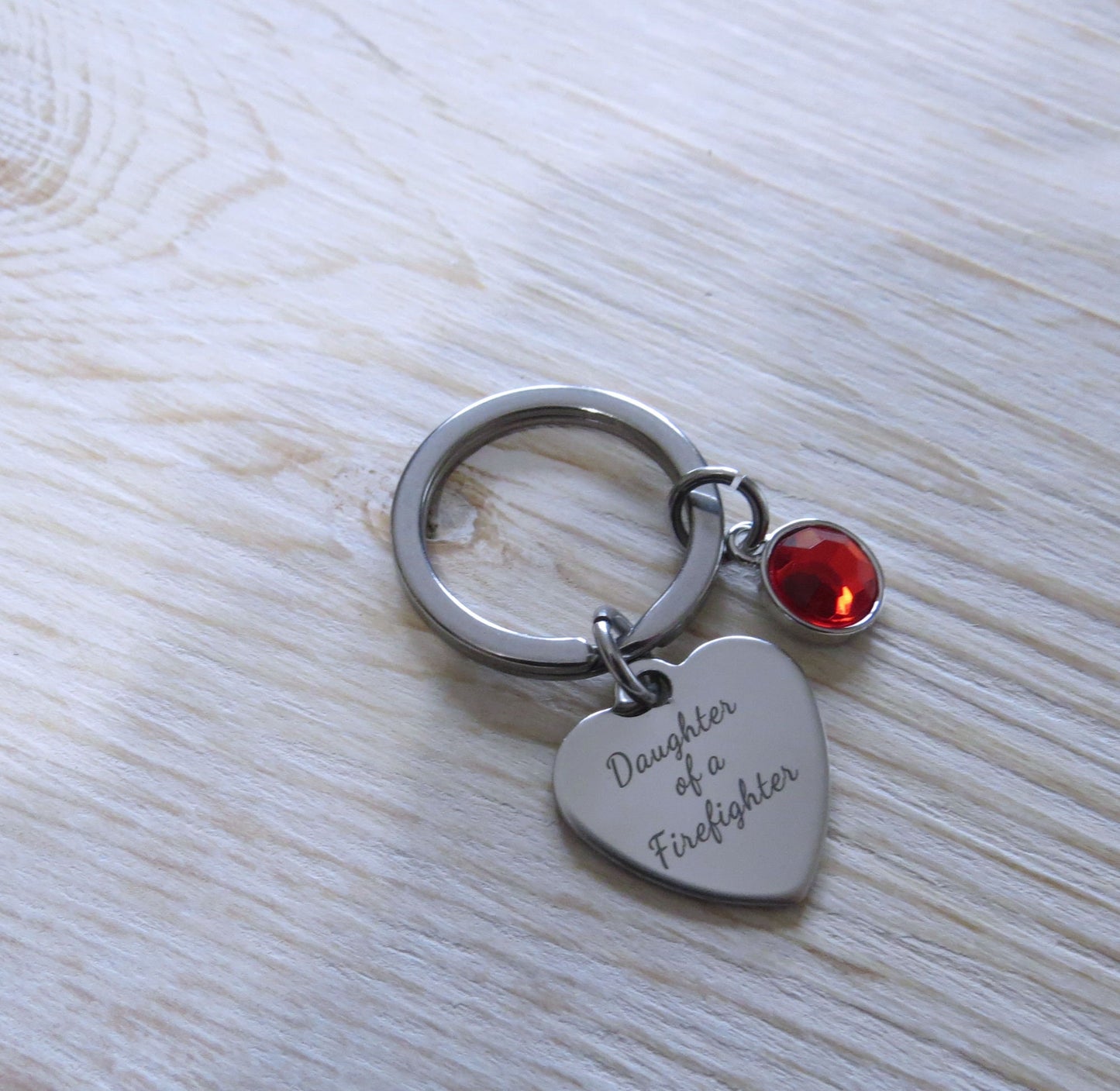 Daughter of a Firefighter Heart Charm Keychain, Fireman's Daughter Keyring Stainless Steel Keyring with Red Crystal Charm Keyring Gift