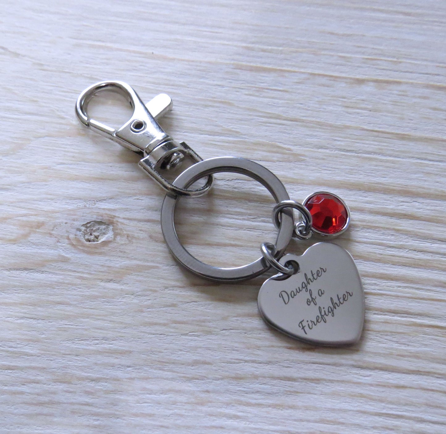 Daughter of a Firefighter Heart Charm Keychain, Fireman's Daughter Keyring Stainless Steel Keyring with Red Crystal Charm Keyring Gift