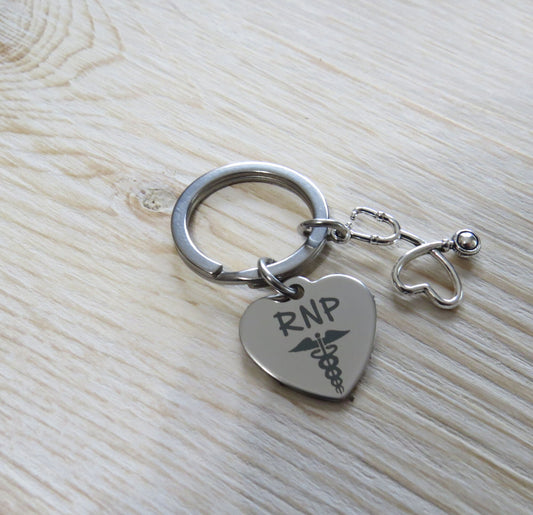 RNP Nurse Stainless Steel Keychain, Laser Engraved RNP Heart Stainless Steel Charm Keychain, Nurse Gift, Registered practical nurses Gift