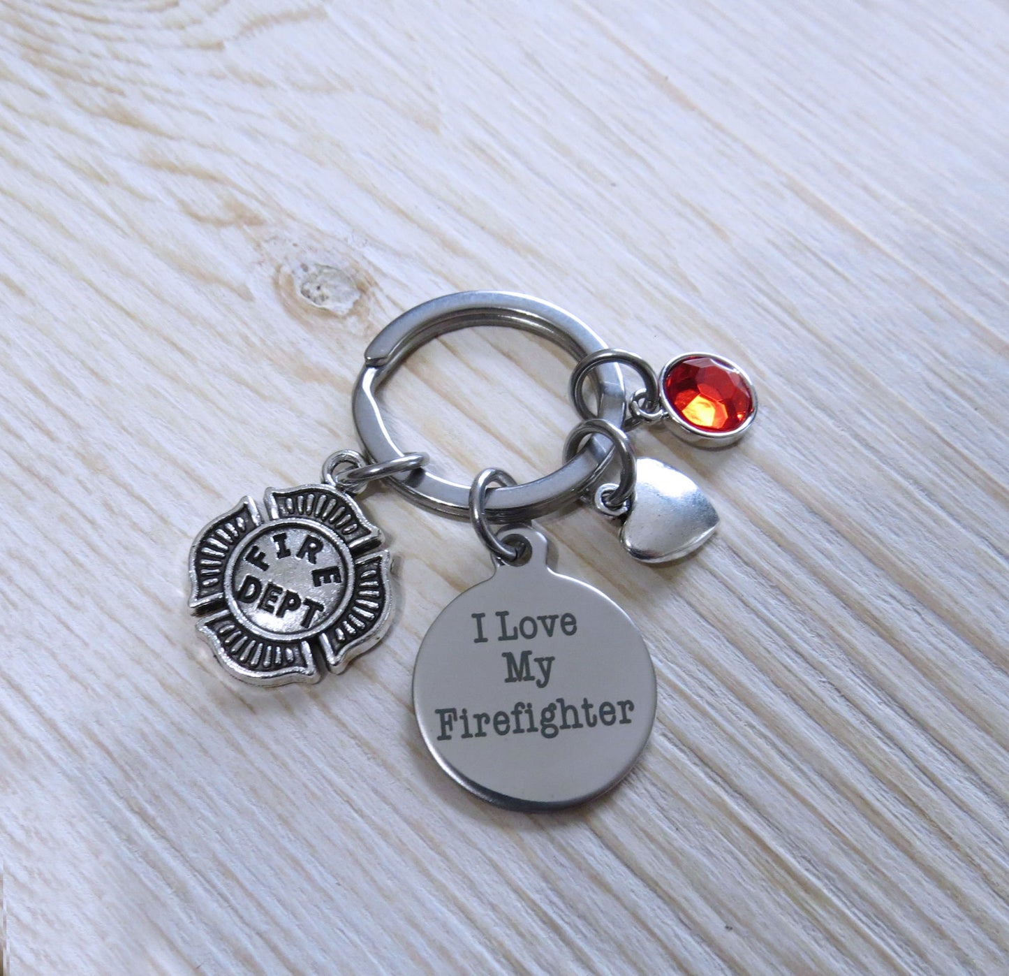 I Love My Firefighter Multi Charm Keychain, Fire Department shield Keyring Stainless Steel Keyring with Red Crystal Charm Keyring Gift