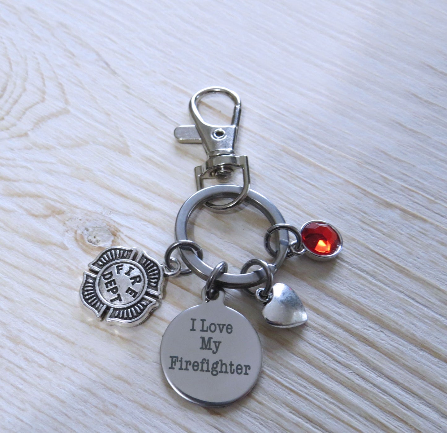 I Love My Firefighter Multi Charm Keychain, Fire Department shield Keyring Stainless Steel Keyring with Red Crystal Charm Keyring Gift