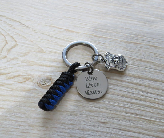 Blue Lives Matter Multi Charm Police Stainless Steel Keychain, with Thin Blue Line Paracord Charm Police Shield Badge Keyring Gift