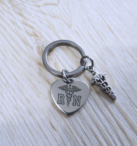 RN Nurse Stainless Steel Keychain, Laser Engraved RN Heart Stainless Steel Charm Keychain, Nurse Gift, Registered Nurse Keyring Gift