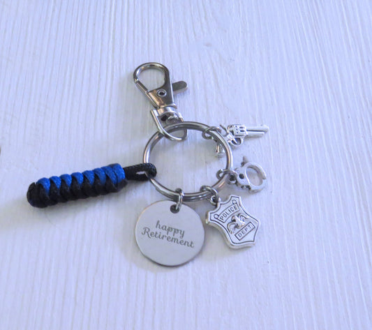 Police Officer Happy Retirement Keychain, Police Department Stainless Steel Keychain Police shield Gun Handcuff Thin Blue Line Key Ring Gift