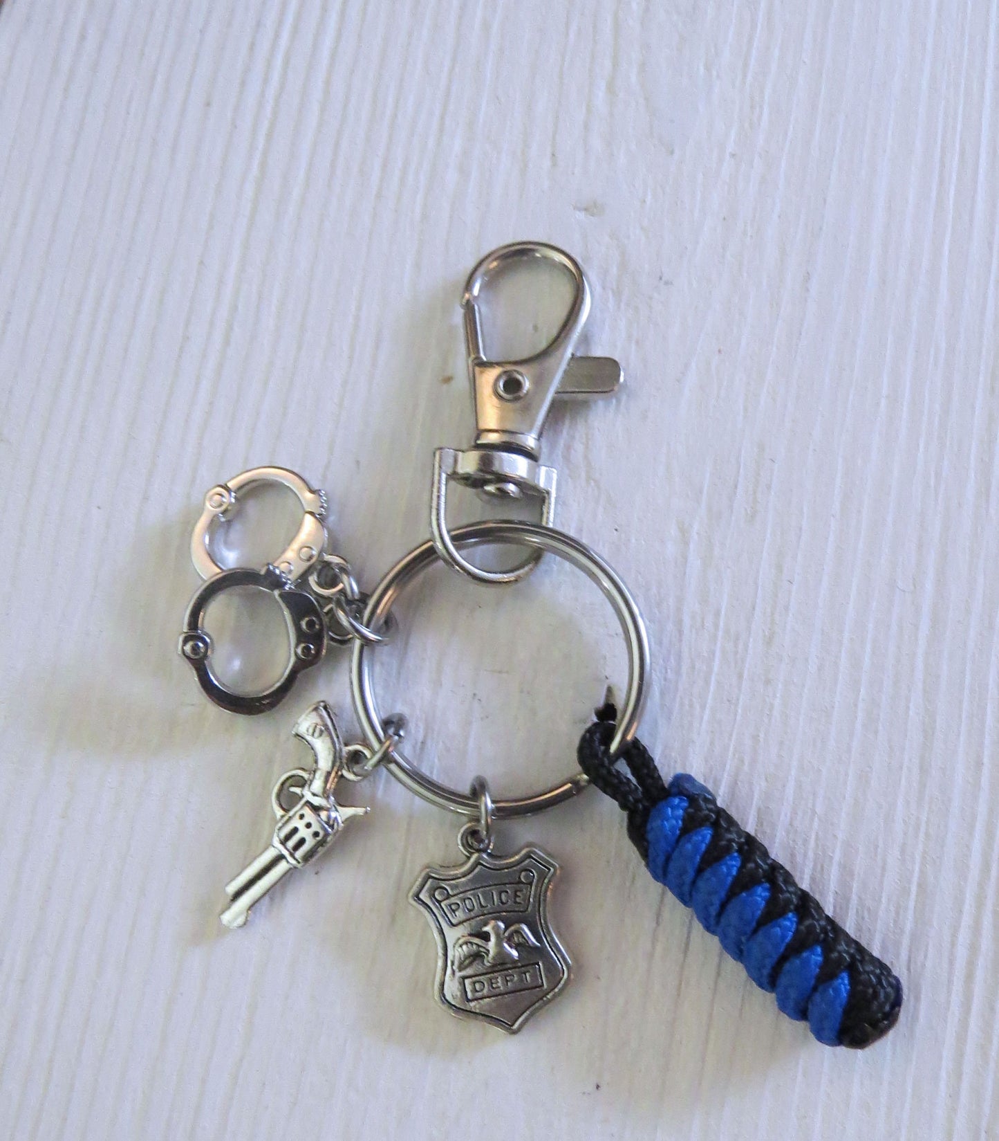 Police Officer Keychain, Police Thin Blue Line Stainless Steel Keychain Police Badge Shield Handcuffs and Gun Key Ring Gift