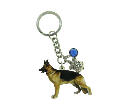 Police K-9 Officer Keychain, Police German Shepherd Dog Stainless Steel Keychain Police Badge Shield with Blue Crystal Charm Key Chain Gift