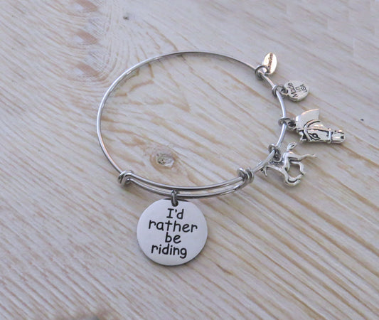 I'd Rather Be Riding Horse Equestrian Adjustable Stainless Steel Expandable Wire Charm Bracelet * Now with Stainless Steel Disc Charm