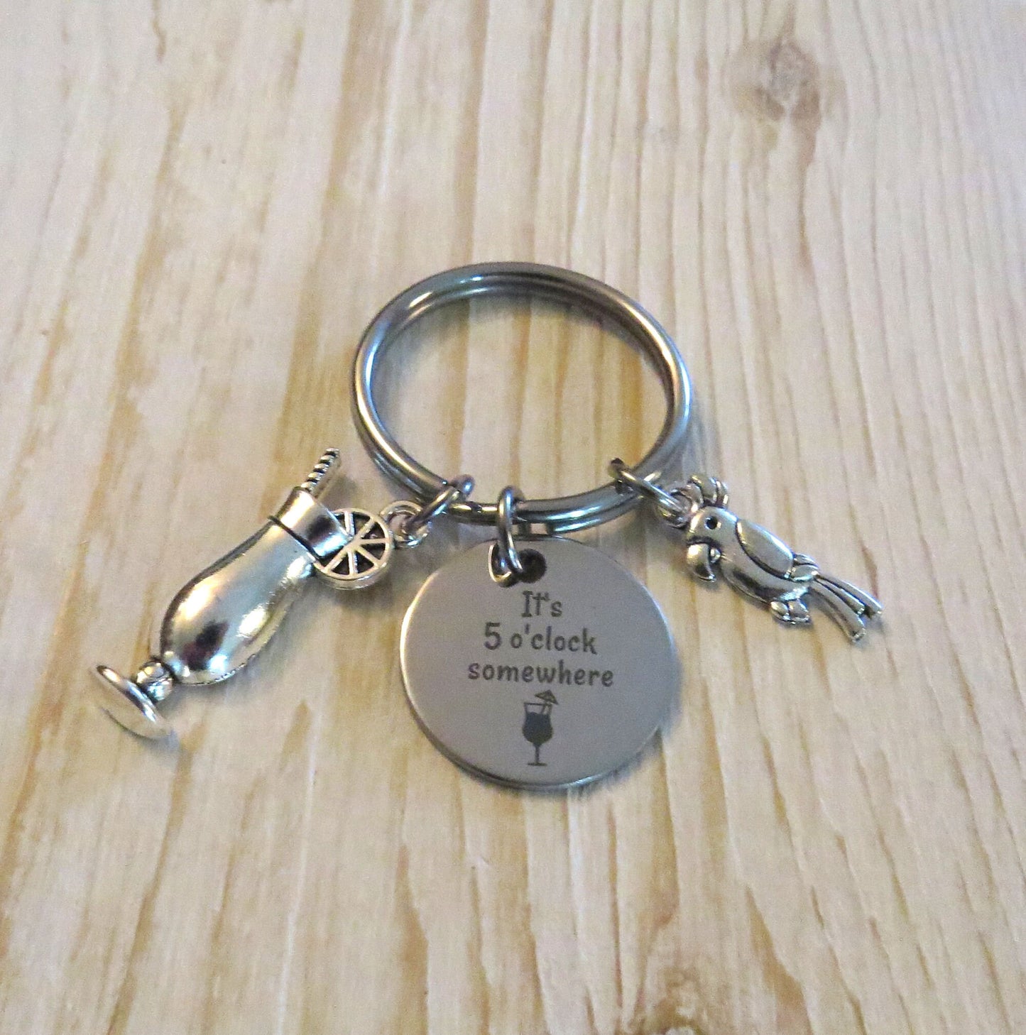 It's 5 o'clock Somewhere Stainless-Steel Laser engraved Charm Keychain with Parrot and Hurricane Drink Charm Keyring Gift