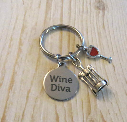 Wine Diva Stainless Steel Charm Winged Corkscrew Keychain Bachelorette Party Favors Wine Glass Keyring with or Without Swivel Clasp