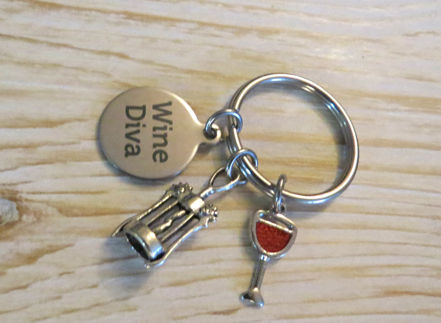 Wine Diva Stainless Steel Charm Winged Corkscrew Keychain Bachelorette Party Favors Wine Glass Keyring with or Without Swivel Clasp