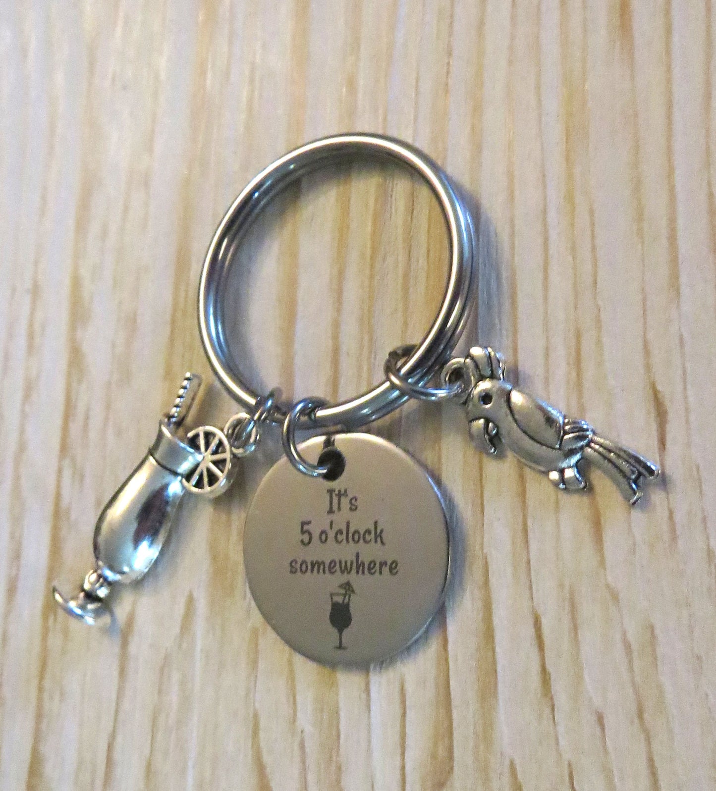 It's 5 o'clock Somewhere Stainless-Steel Laser engraved Charm Keychain with Parrot and Hurricane Drink Charm Keyring Gift