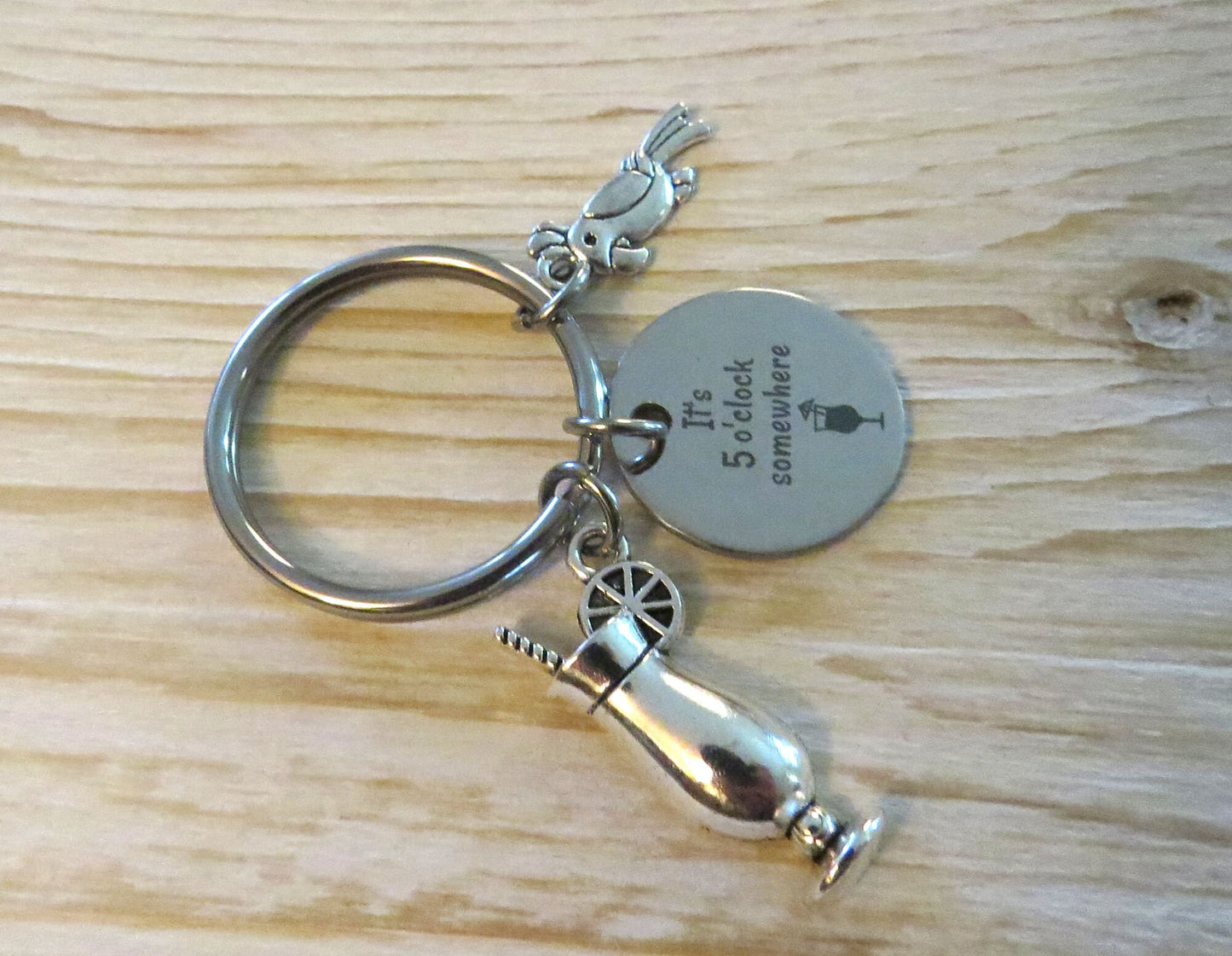 It's 5 o'clock Somewhere Stainless-Steel Laser engraved Charm Keychain with Parrot and Hurricane Drink Charm Keyring Gift