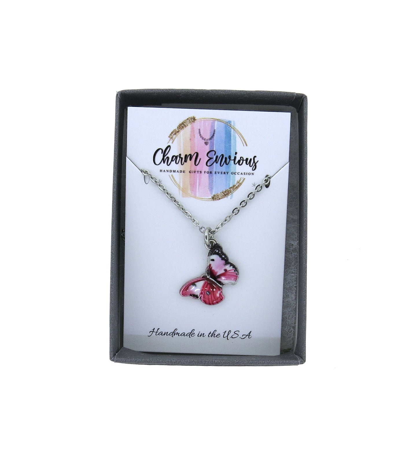 Pink Enamel Butterfly Pendant Necklace on a Stainless-Steel Cable Chain Pretty Butterfly Necklace Gift Butterfly Jewelry