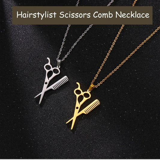 Scissors Comb Combo Stainless Steel Pendant Necklaces for Hair Stylist hairdresser Gift ideas Hairstylist Stainless Steel Necklace