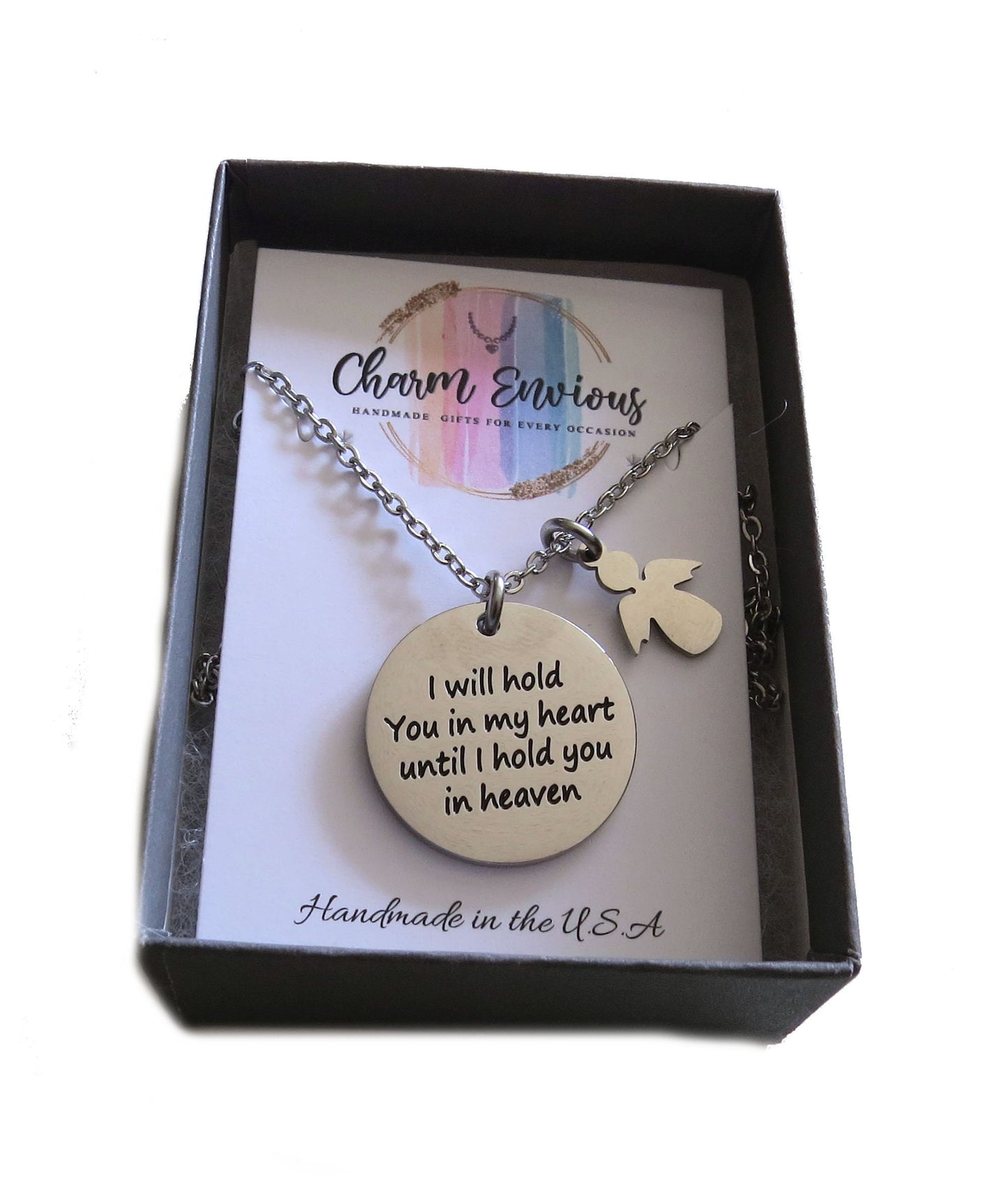 I Will Hold You in My Heart, Until I Hold You in Heaven Stainless Steel Inspirational Pendant Necklace Memorial Pendant Necklace (3 Styles)