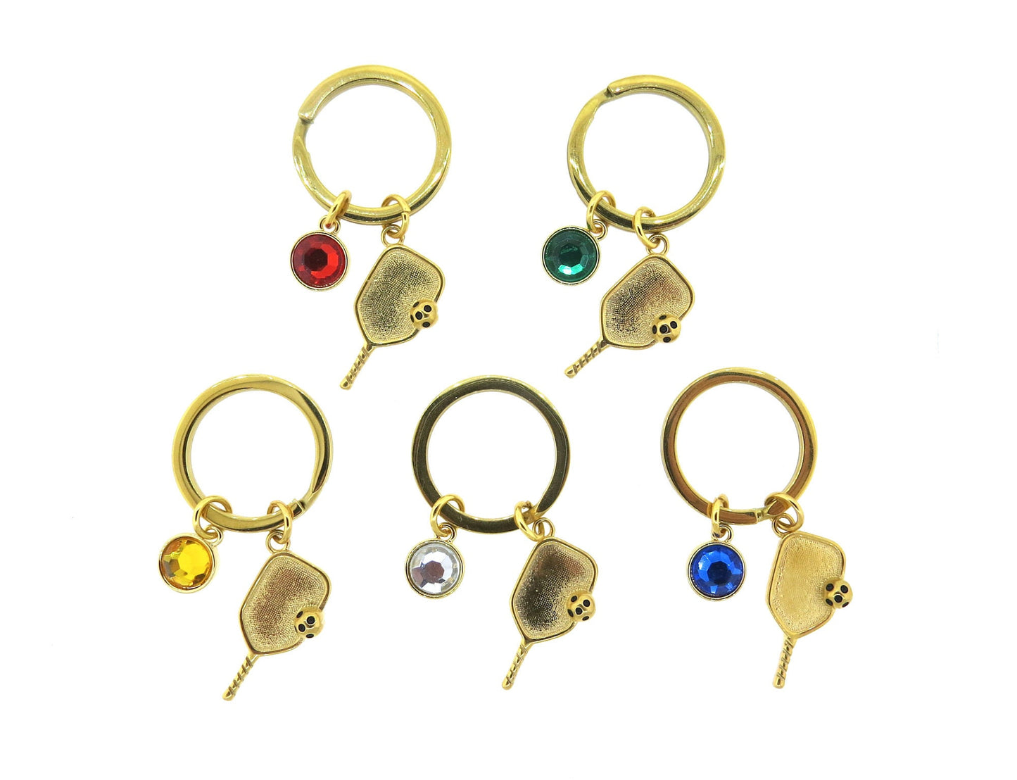 Pickleball Paddle with Ball Gold-Plated Stainless-Steel Key Chain Pickleball Charm on a Stainless-Steel 25mm Keyring with a Crystal Charm