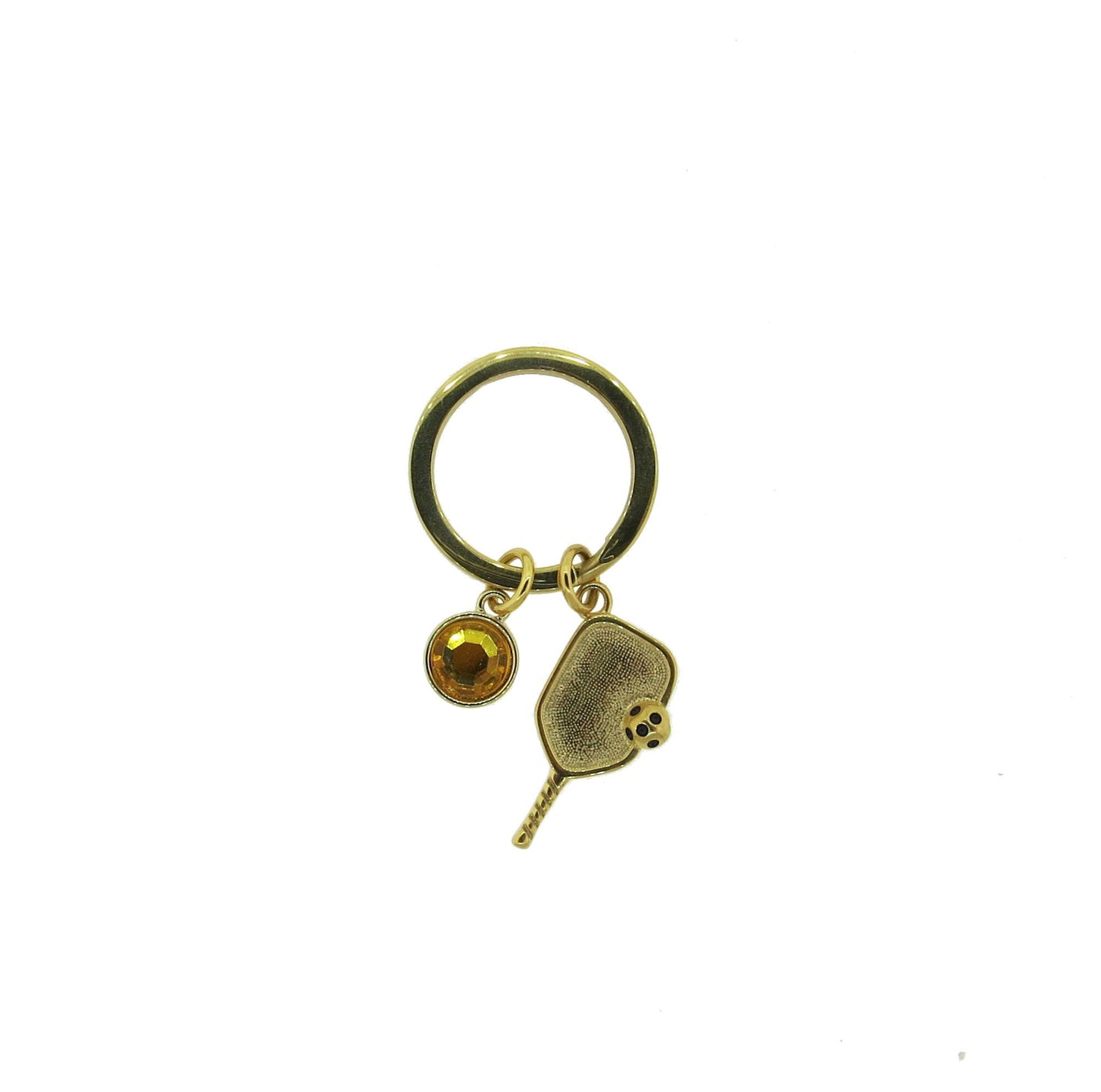 Pickleball Paddle with Ball Gold-Plated Stainless-Steel Key Chain Pickleball Charm on a Stainless-Steel 25mm Keyring with a Crystal Charm