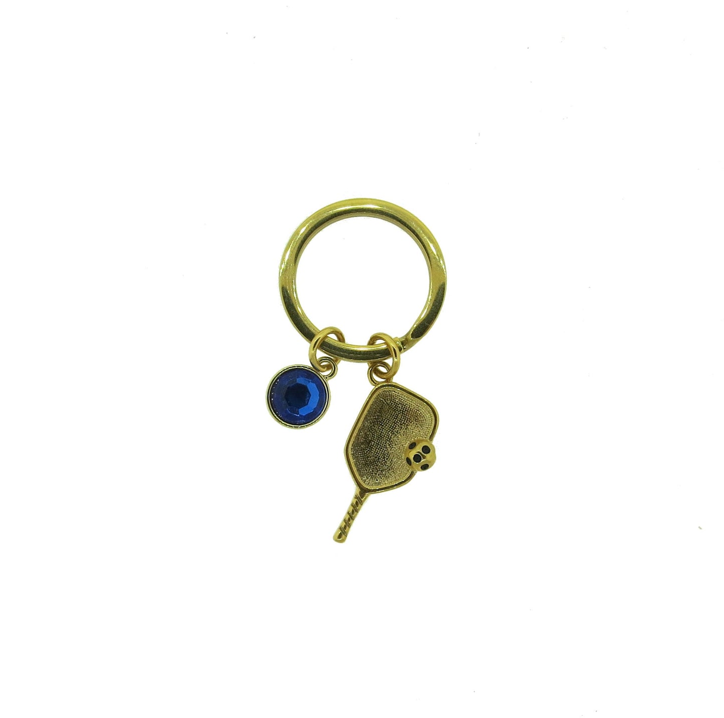 Pickleball Paddle with Ball Gold-Plated Stainless-Steel Key Chain Pickleball Charm on a Stainless-Steel 25mm Keyring with a Crystal Charm