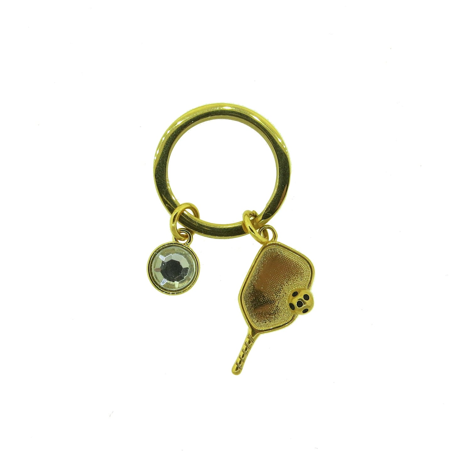 Pickleball Paddle with Ball Gold-Plated Stainless-Steel Key Chain Pickleball Charm on a Stainless-Steel 25mm Keyring with a Crystal Charm